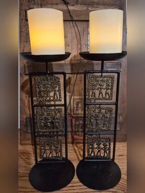 Set Of 2 Vintage Dhokra Art Iron and Brass Pillar Candle Holders